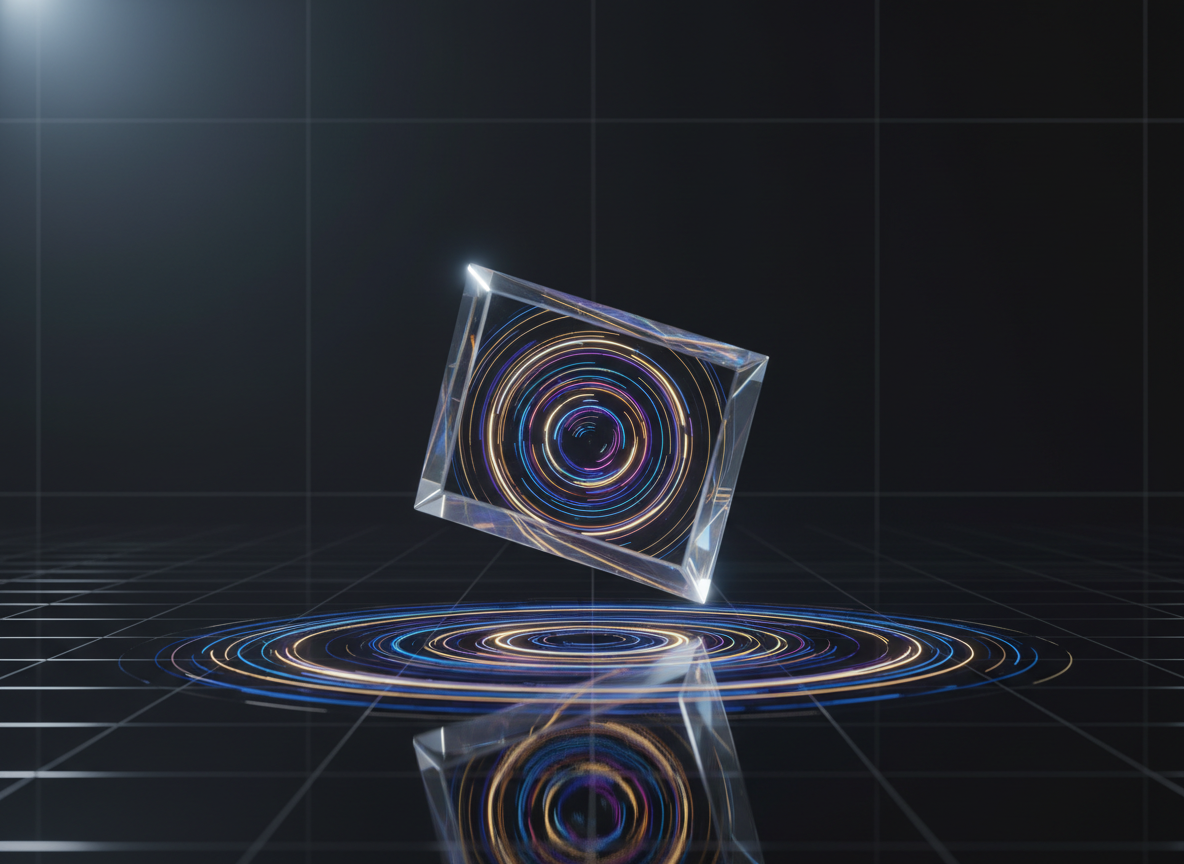 A sleek, translucent crystal prism hovering above a dark, reflective surface, its edges razor-sharp and impeccably polished. From the center of the prism, concentric waves of faintly visible frequency lines radiate outward as luminous bands of electric blue, violet, and soft gold, subtly warping the space around them. The environment is a minimalist, deep charcoal void with faint geometric grids receding into the distance. Cool, directional studio lighting from the upper left carves crisp highlights along the prism and glints on the rippling surface, casting intricate interference patterns. Photographic realism with a sophisticated, high-tech aesthetic, shot at eye level with a medium depth of field, emphasizing clarity, precision, and the idea of vibration as the hidden structure of reality.