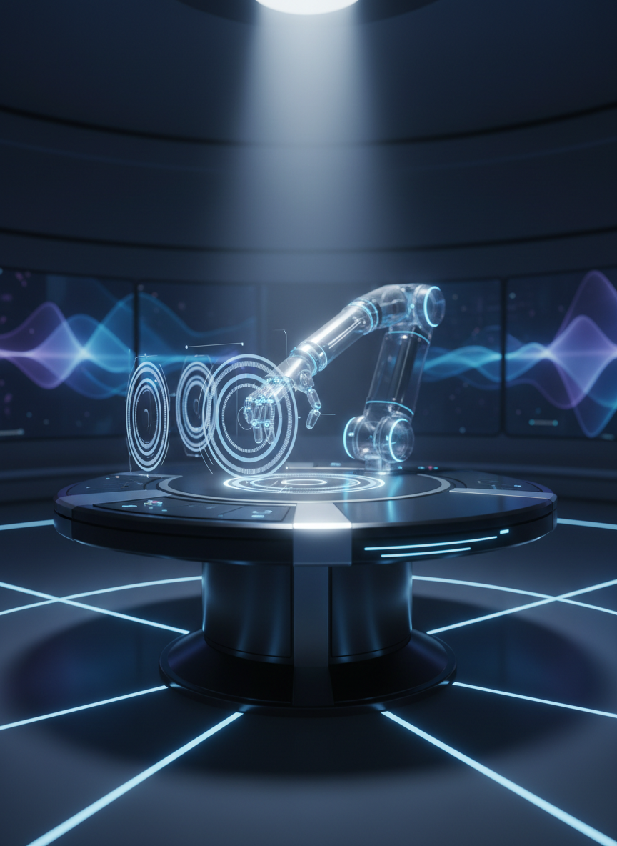 An ultra-modern research console shaped like a circular control desk made of matte black metal and brushed aluminum, positioned in a dim, high-tech lab. Instead of a human operator, a semi-transparent, articulated robotic arm extends from the console’s center, delicately adjusting holographic dials that float above the surface, each dial representing different frequency bands as shimmering rings of light. Soft, cool-blue ambient lighting glows from recessed floor strips, while a focused white spotlight illuminates the console, creating crisp reflections on its surface. Large, curved screens in the background display abstract waveforms and energy fields in deep blues and purples, slightly blurred for depth. Photographic realism, shot from a slightly elevated three-quarter angle, conveying a sophisticated, scientific atmosphere where frequency energy is analyzed and finely tuned.