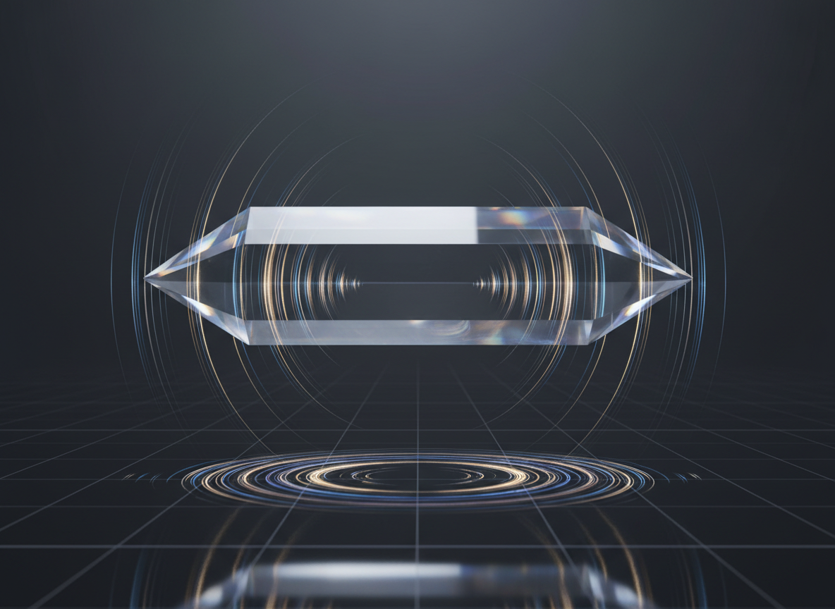A sleek, translucent crystal prism hovering above a dark, reflective surface, its edges razor-sharp and impeccably polished. From the center of the prism, concentric waves of faintly visible frequency lines radiate outward as luminous bands of electric blue, violet, and soft gold, subtly warping the space around them. The environment is a minimalist, deep charcoal void with faint geometric grids receding into the distance. Cool, directional studio lighting from the upper left carves crisp highlights along the prism and glints on the rippling surface, casting intricate interference patterns. Photographic realism with a sophisticated, high-tech aesthetic, shot at eye level with a medium depth of field, emphasizing clarity, precision, and the idea of vibration as the hidden structure of reality.
