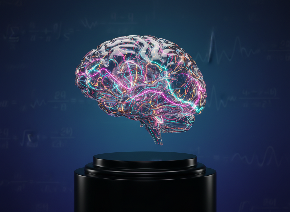 A hyper-detailed, transparent 3D model of a brain constructed from fine glass-like filaments and tiny crystalline nodes, suspended in midair above a dark, polished pedestal. Delicate lines of colored light pulse through the neural pathways like flowing currents, each color representing different frequencies—turquoise, magenta, amber—forming a dynamic web of vibration. The background is a softly blurred gradient of deep navy to indigo, with faint mathematical wave equations subtly embedded as texture, not text. Gentle, diffused studio lighting wraps around the brain structure, creating luminous edges and subtle internal reflections. Photographic realism, captured at eye level with a shallow depth of field, evoking a refined, contemplative mood that links modern neuroscience with the invisible energy of thought and consciousness.