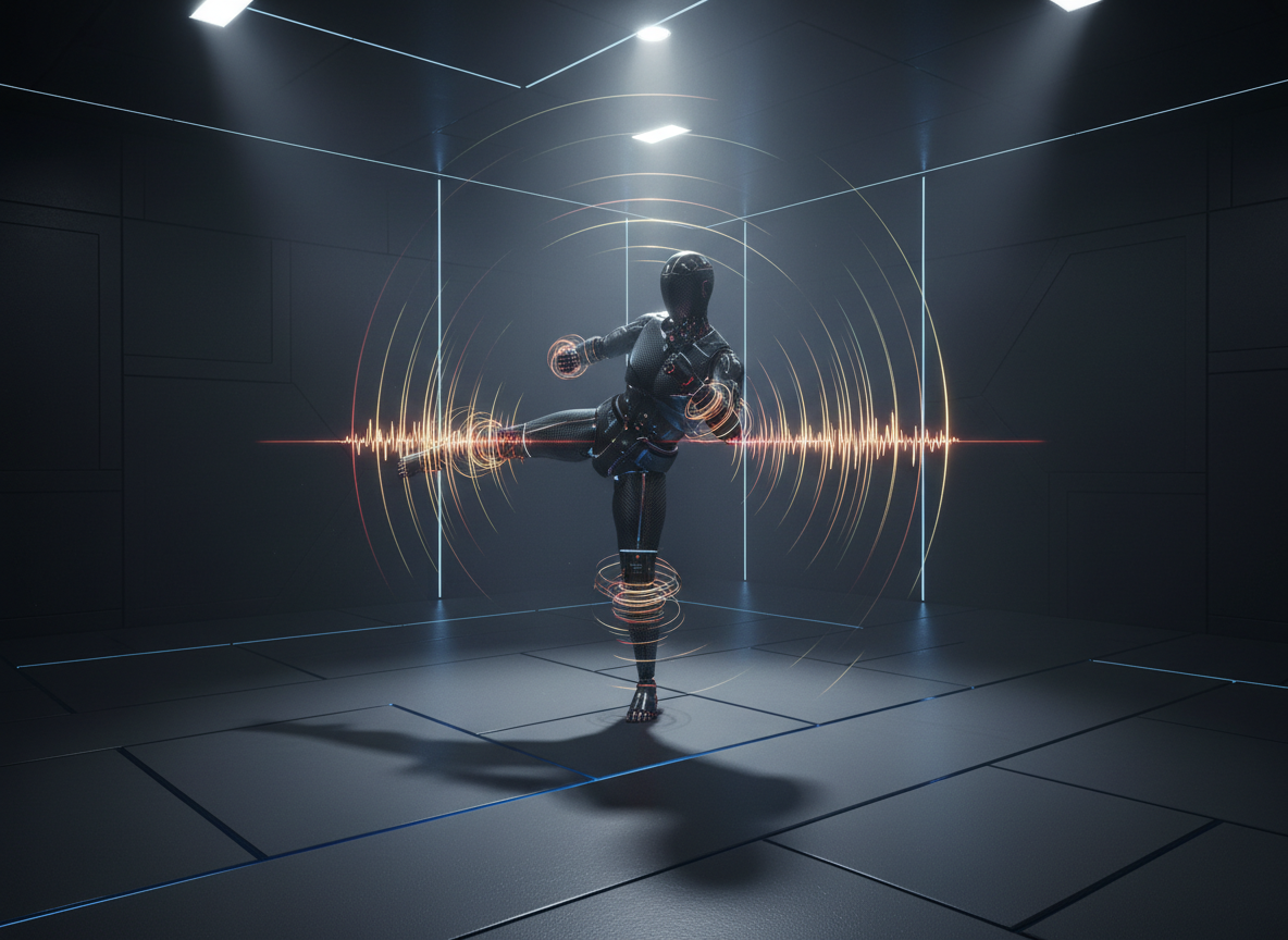 A dynamic martial arts dojo reimagined as an energy laboratory, with clean tatami-like floor panels made from matte graphite material and walls clad in smooth, dark acoustic panels. At the center, a stylized, non-human training dummy made of segmented metal and carbon fiber stands mid-pose, its limbs frozen in a striking motion. Surrounding each segment are tightly wrapped bands of glowing frequency lines, showing the flow of force as layered energy fields in reds, blues, and golds. Overhead spotlights cast sharp, dramatic shadows, while thin beams of volumetric light cut through faint dust in the air. Photographic realism with a cinematic, slightly low-angle composition, capturing the sophistication of movement understood as vibration and frequency rather than mere physical impact.