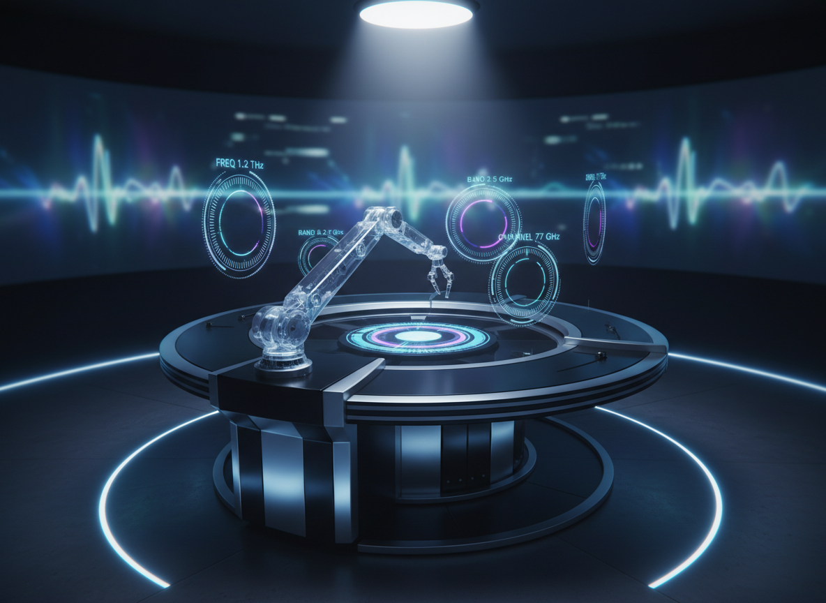 An ultra-modern research console shaped like a circular control desk made of matte black metal and brushed aluminum, positioned in a dim, high-tech lab. Instead of a human operator, a semi-transparent, articulated robotic arm extends from the console’s center, delicately adjusting holographic dials that float above the surface, each dial representing different frequency bands as shimmering rings of light. Soft, cool-blue ambient lighting glows from recessed floor strips, while a focused white spotlight illuminates the console, creating crisp reflections on its surface. Large, curved screens in the background display abstract waveforms and energy fields in deep blues and purples, slightly blurred for depth. Photographic realism, shot from a slightly elevated three-quarter angle, conveying a sophisticated, scientific atmosphere where frequency energy is analyzed and finely tuned.