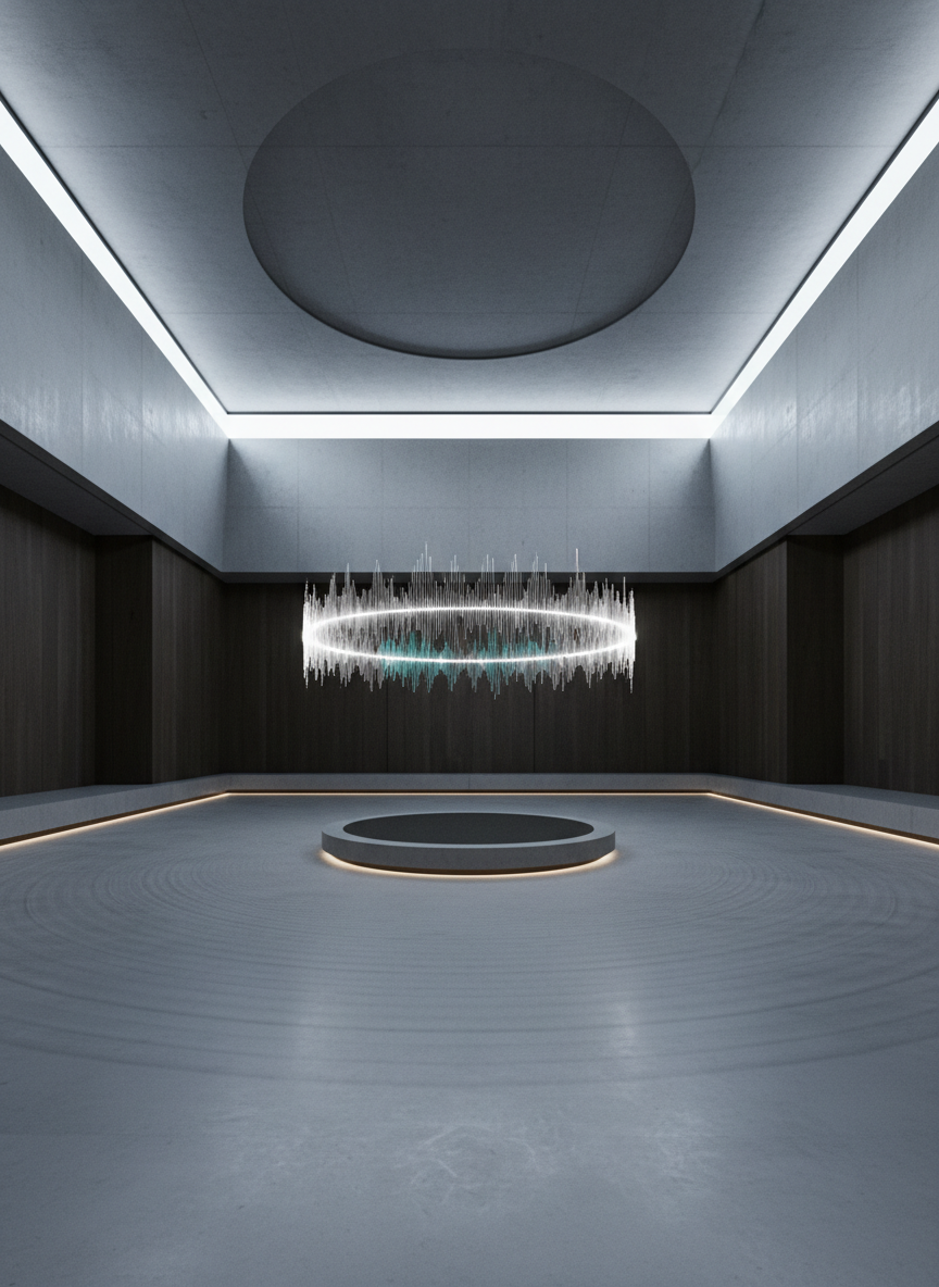 A minimalist meditation chamber constructed from smooth concrete and dark wood, entirely empty except for a circular platform at the center where a floating, glowing ring of energy hovers. The ring is composed of countless fine, oscillating lines of light forming a stable, pulsating halo in shades of silver, teal, and soft violet. The floor around it shows faint concentric vibration patterns as if the room itself is resonating. Narrow skylights in the ceiling let in cool, diffused daylight that gently washes the walls, while subtle floor-level LEDs add a futuristic glow. Photographic realism, shot from a low, wide-angle perspective that emphasizes spaciousness and stillness. The mood is serene yet powerful, suggesting inner transformation through precise alignment with frequency energy, without relying on clichéd spiritual symbols.