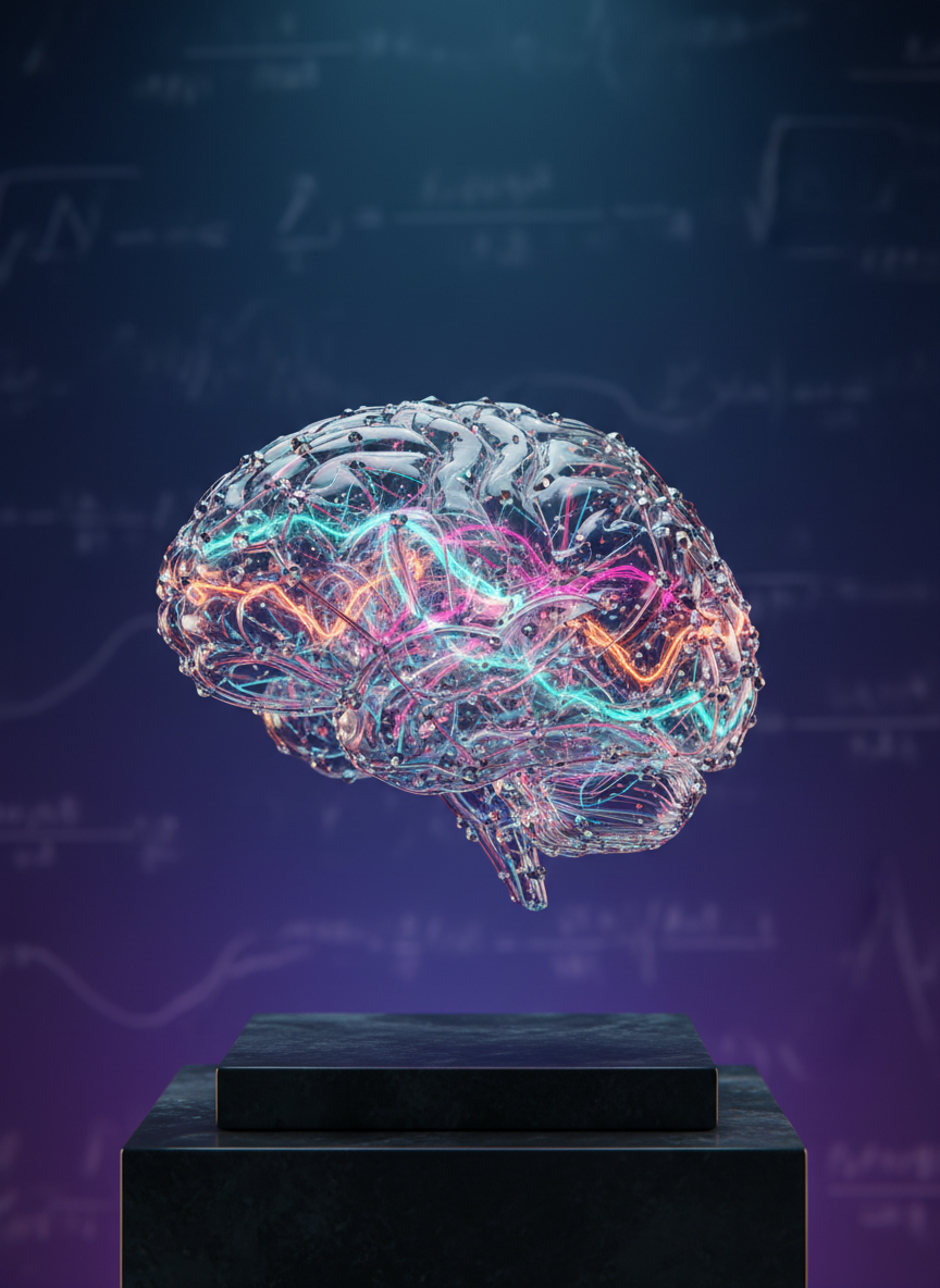 A hyper-detailed, transparent 3D model of a brain constructed from fine glass-like filaments and tiny crystalline nodes, suspended in midair above a dark, polished pedestal. Delicate lines of colored light pulse through the neural pathways like flowing currents, each color representing different frequencies—turquoise, magenta, amber—forming a dynamic web of vibration. The background is a softly blurred gradient of deep navy to indigo, with faint mathematical wave equations subtly embedded as texture, not text. Gentle, diffused studio lighting wraps around the brain structure, creating luminous edges and subtle internal reflections. Photographic realism, captured at eye level with a shallow depth of field, evoking a refined, contemplative mood that links modern neuroscience with the invisible energy of thought and consciousness.
